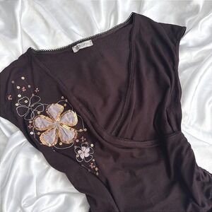 Kone Brown Floral Sequin Embroidered Wrap Top V-Neck Ruched Side Y2K Fairycore